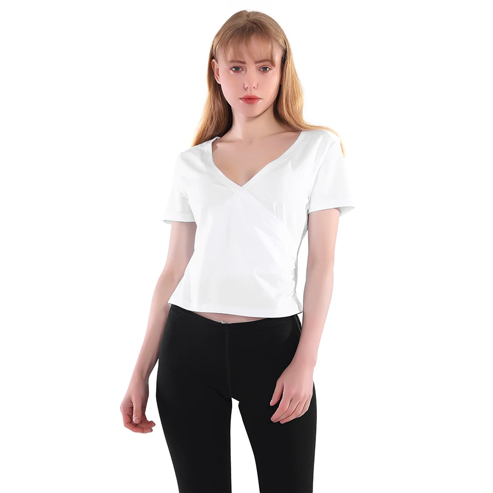 

V Neck Cropped T Shirt Women Summer Y2k Egirl Aesthetic Korean Fashion Vintage Slim Sexy Cross Wrap Black White Crop Top Female