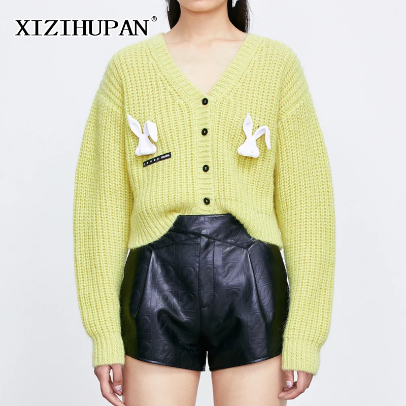 

XIZIHUPAN Sweet Patchwork Colorblock Cardigan For Women V Neck Long Sleeve Knitted Button Loose Sweater Female Autumn 2021 Style