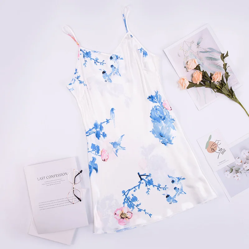 

Summer short cute sexy V-neck halter slip Nightdress women's silk like thin ice silk mini pajamas printed slim home clothes
