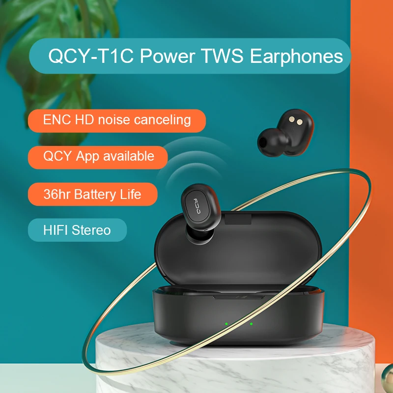 

QCY T1C Power Version Bluetooth V5.0 Earphones True Wireless Headphones 3D Stereo Sound Earbuds Dual Microphone Charging Box