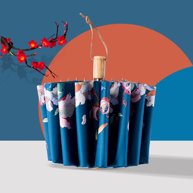 

16 Ribs Large Sun Umbrella Rain Women Windproof Wooden Handle Reverse Umbrellas 3 Folding Anti-UV Parasol Girl Flower Umbrella