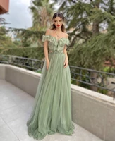 sage green evening dress a line sweetheart off shoulder ruffles tulle appliques beads floor length court train prom gown new