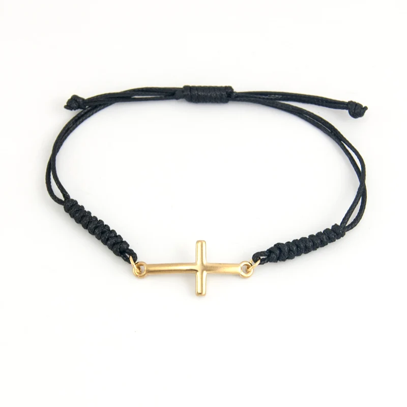 

Women Adjustable Cord Bracelet small Corss connector Stainless steel Gold/Steel pendant black red color Rope