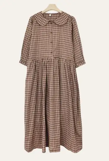 coffee dress Хлопковые винтажные платья женские новые повседневные милые консервативный стиль Корея Япония линия Питер Пэн воротник клетчатая рубашка платье 9012 - Цвет: coffee dress