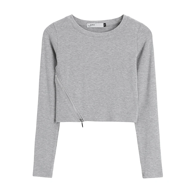 

Lucyever Sexy Side Zipper O-neck Shirt Women 2020 Autumn New White Slim Fit Bottoming Blouse Woman Streetwear Solid Pullover