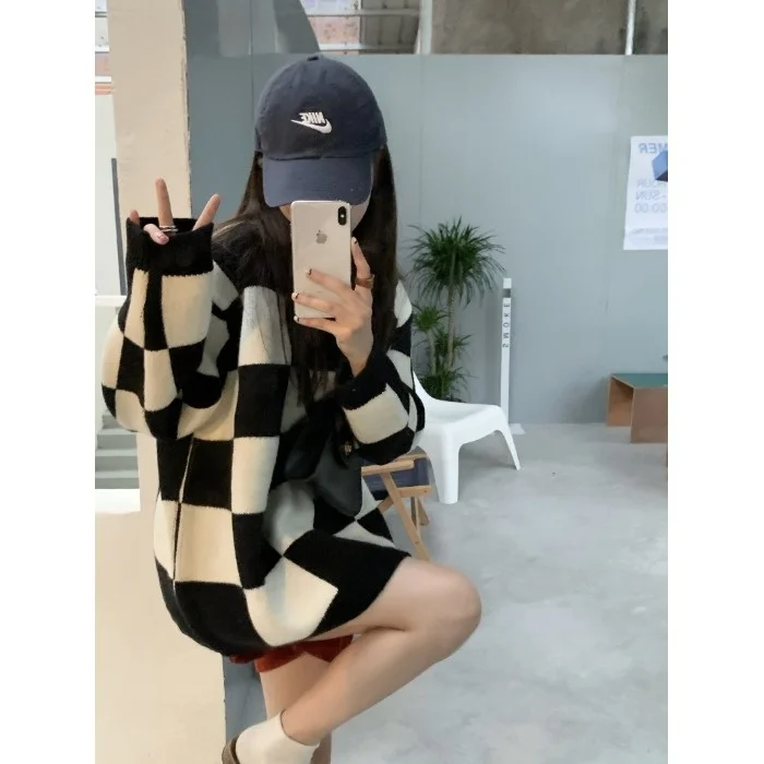 Пуловер в шахматную клетку свитер с круглым вырезом Женская осенне-зимняя