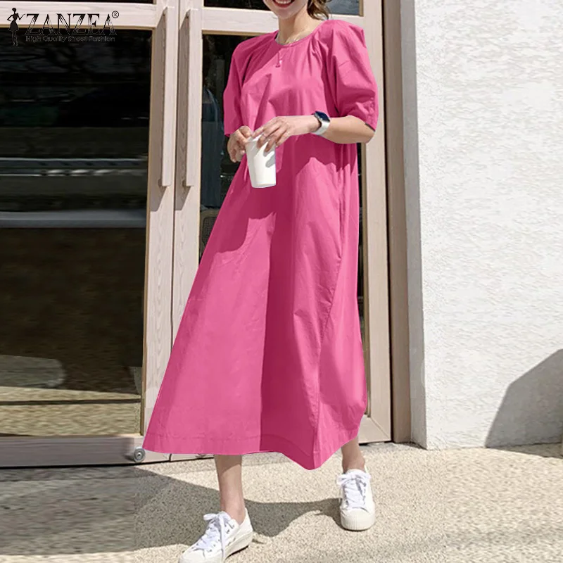 

ZANZEA Femme Clothing Street Faldas Largas Solid Kaftan O-Neck Retro Split Hem Robe Long Midi Sundress Women Summer Baggy Dress