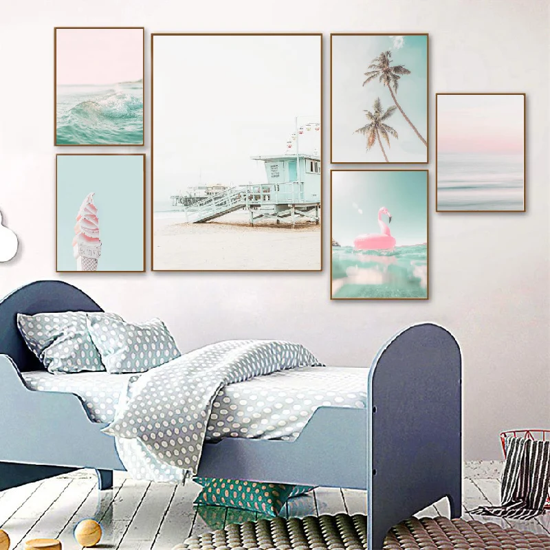 

Pink Mint Blue Posters and Prints Summer Beach Wall Art Picture Seascape Canvas Painting For Living Room Aesthetic Room Decor