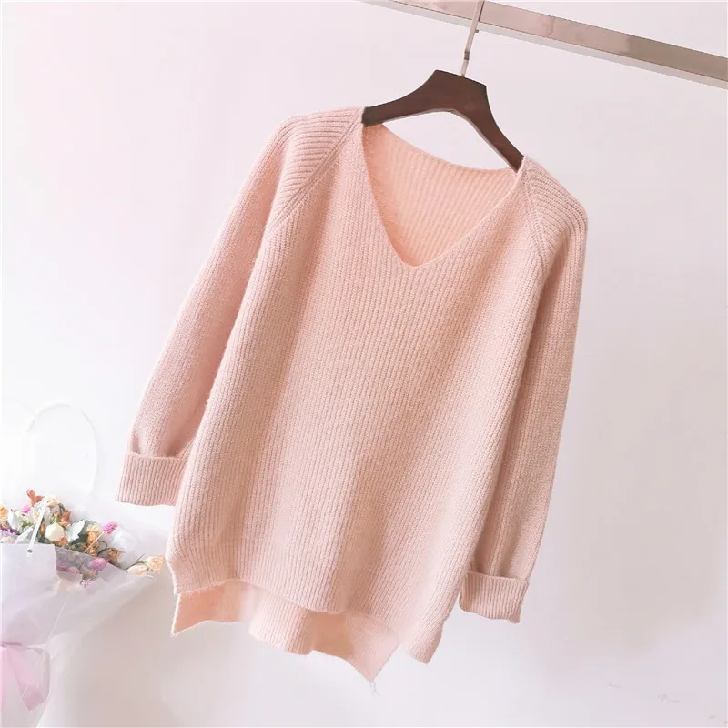 2019 Winter new sweaters solid color V-neck pullover women's full sleeve casual cotton autumn | Женская одежда