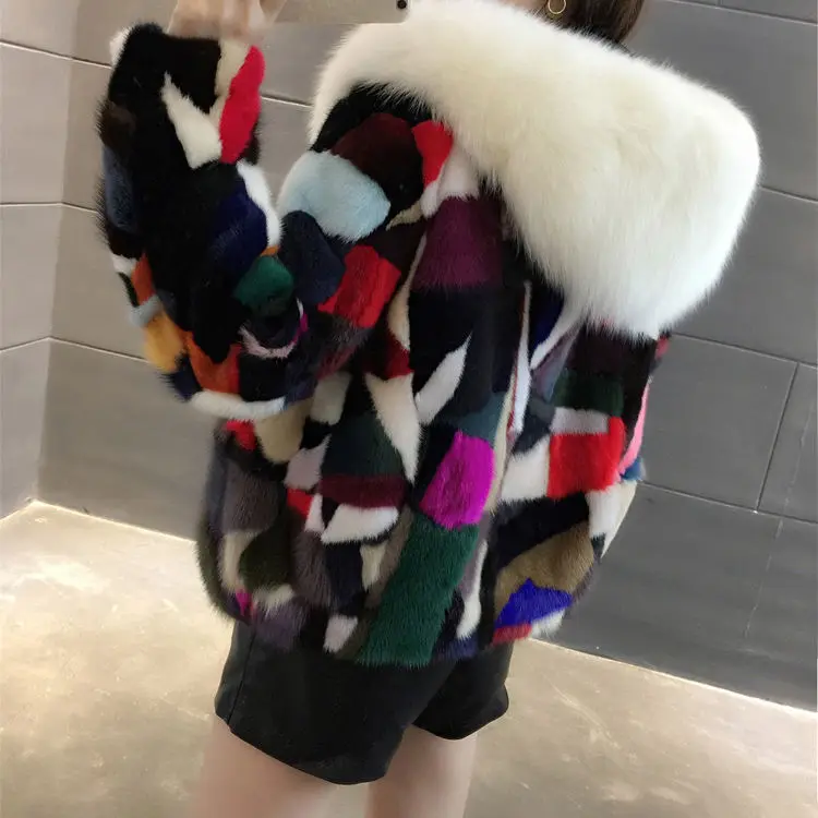 Натуральное меховое пальто 2020 короткое с норковым мехом + лисьим меховым