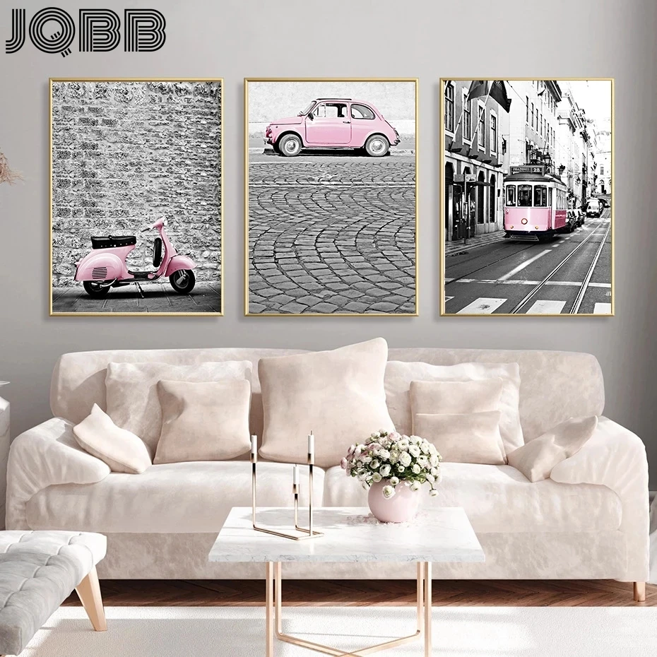 

Europe City Scenery Poster Canvas Painting Nordic Wall Art Modern Pink Car Home Decor Poster And Print For Living Room Design