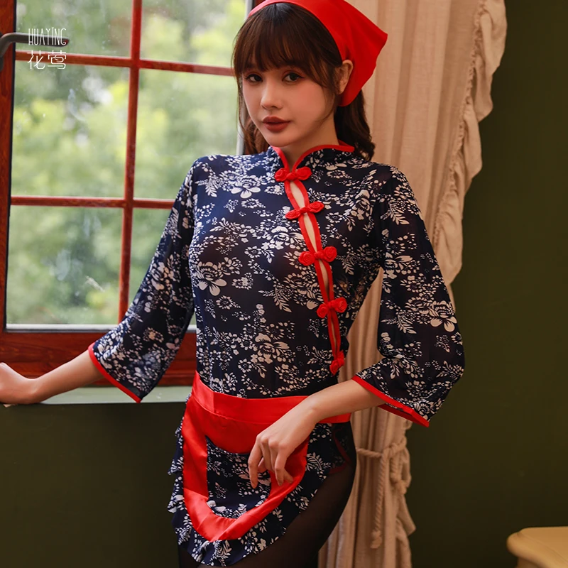 

Blue and White Porcelain Buttoned Top Transparent Erotic Chiffon Trousers ExoticaVillage Girl Asian Country Women Sexy Lingerie