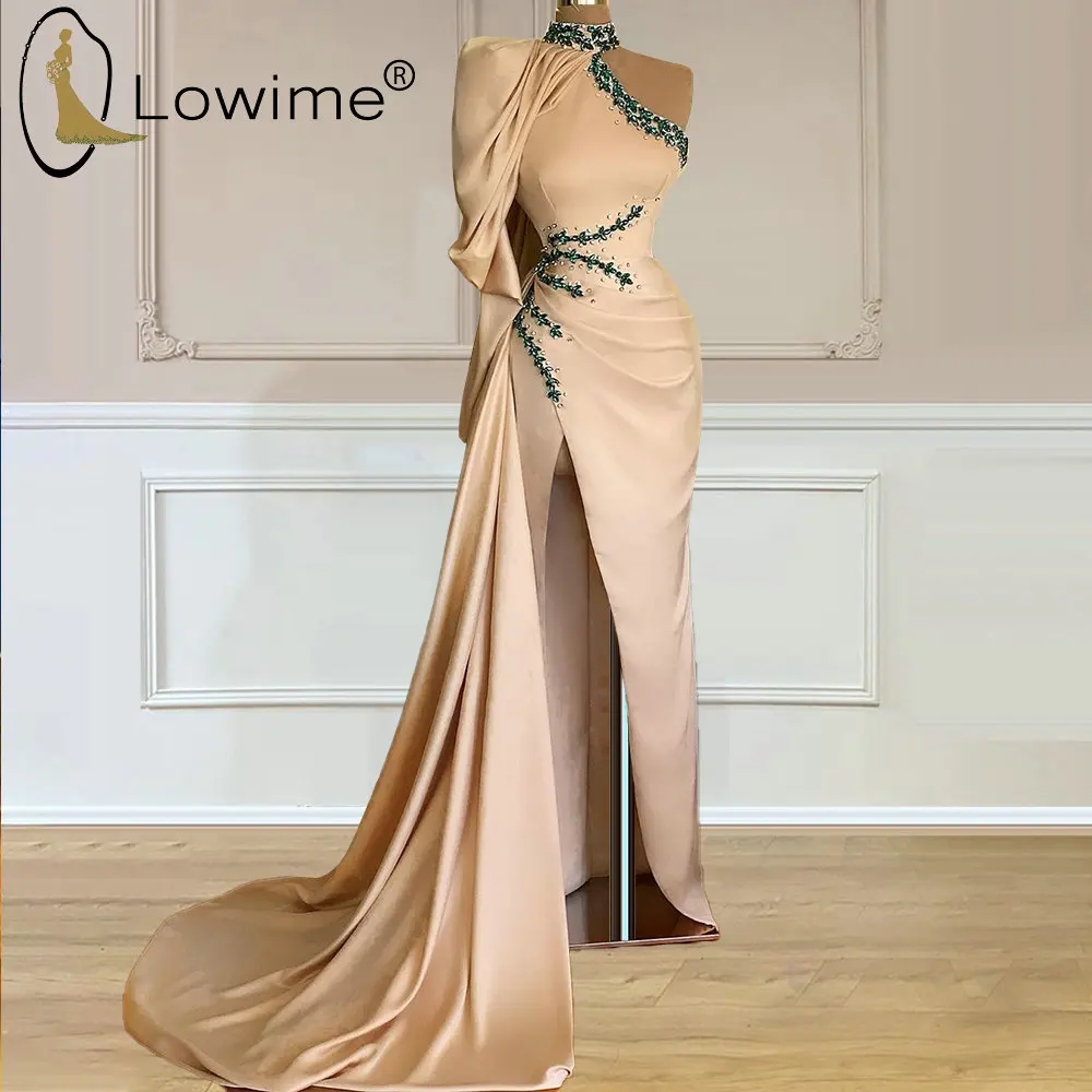 

2021 Elegant High Neck One Shoulder Long Evening Dresses Crystal Sexy High Split Evening Gowns Saudi Arabia Formal Dresses
