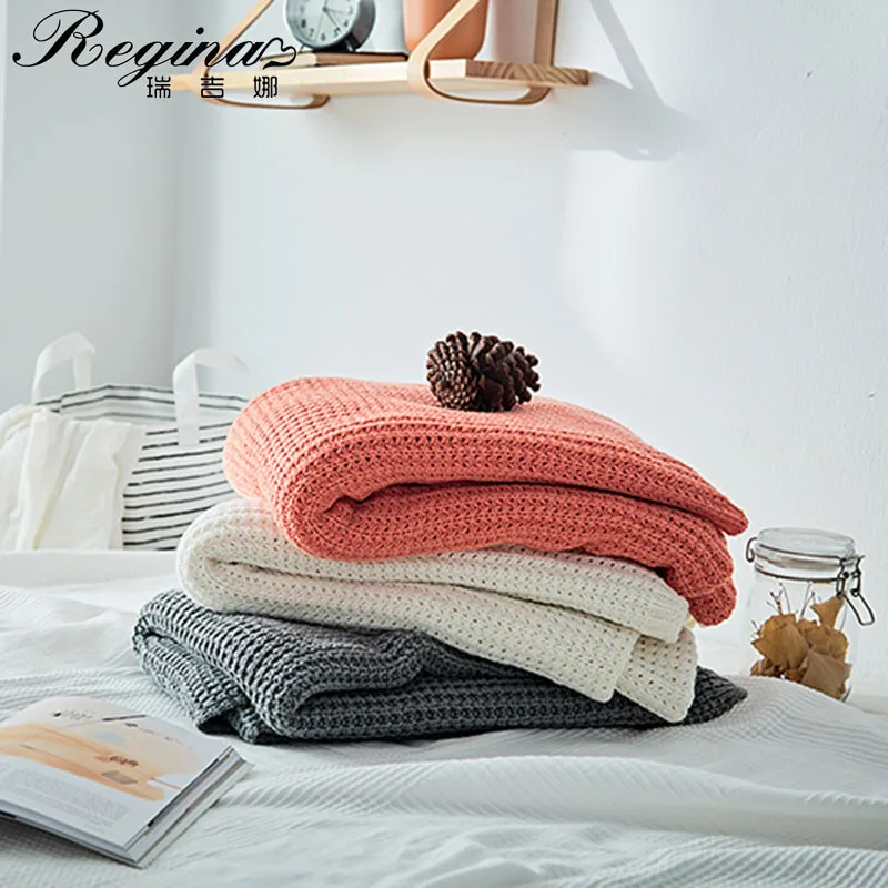 

REGINA Brand Cotton Acrylic Blending Blanket Hollow out Ventilate Skin-friendly Women Shawl Summer Knitted Throw For Bed Office