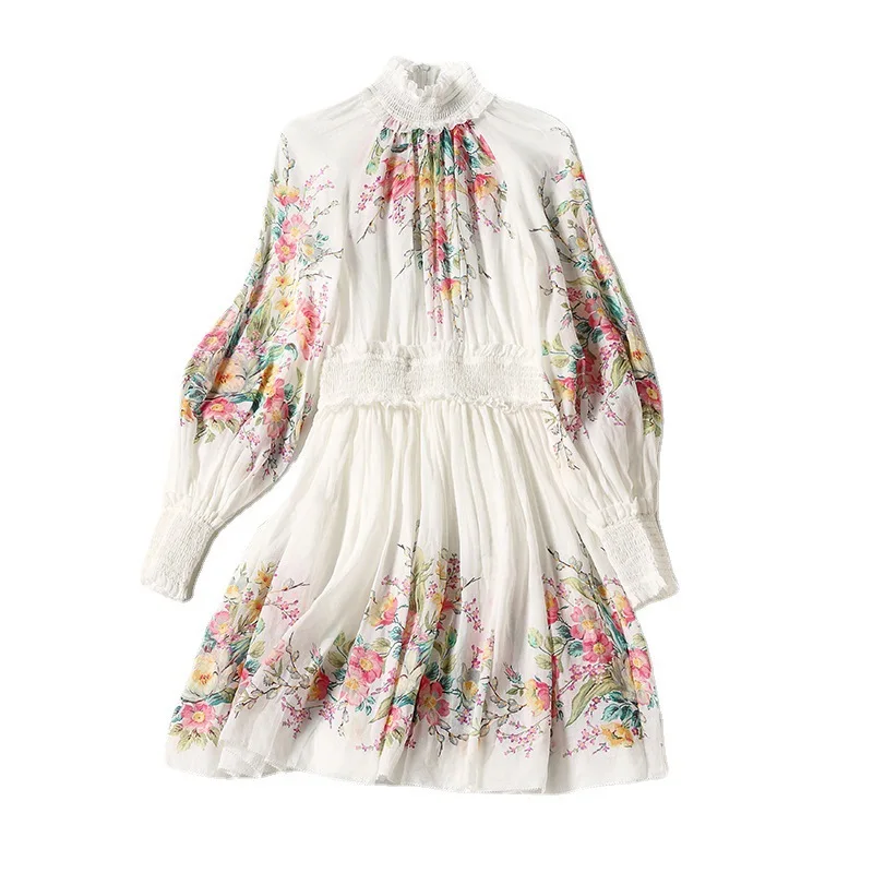 

Spring/summer 2021 white stitching positioning printing literary small fragrance loose high waist long skirt middle waist dress