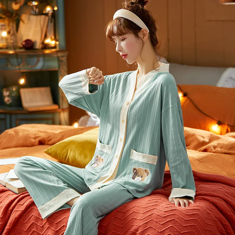 Spring / Autumn Women's pajamas 2021 New cotton long-sleeved trousers ladies pajamas suit simple  home service cardigan kimono