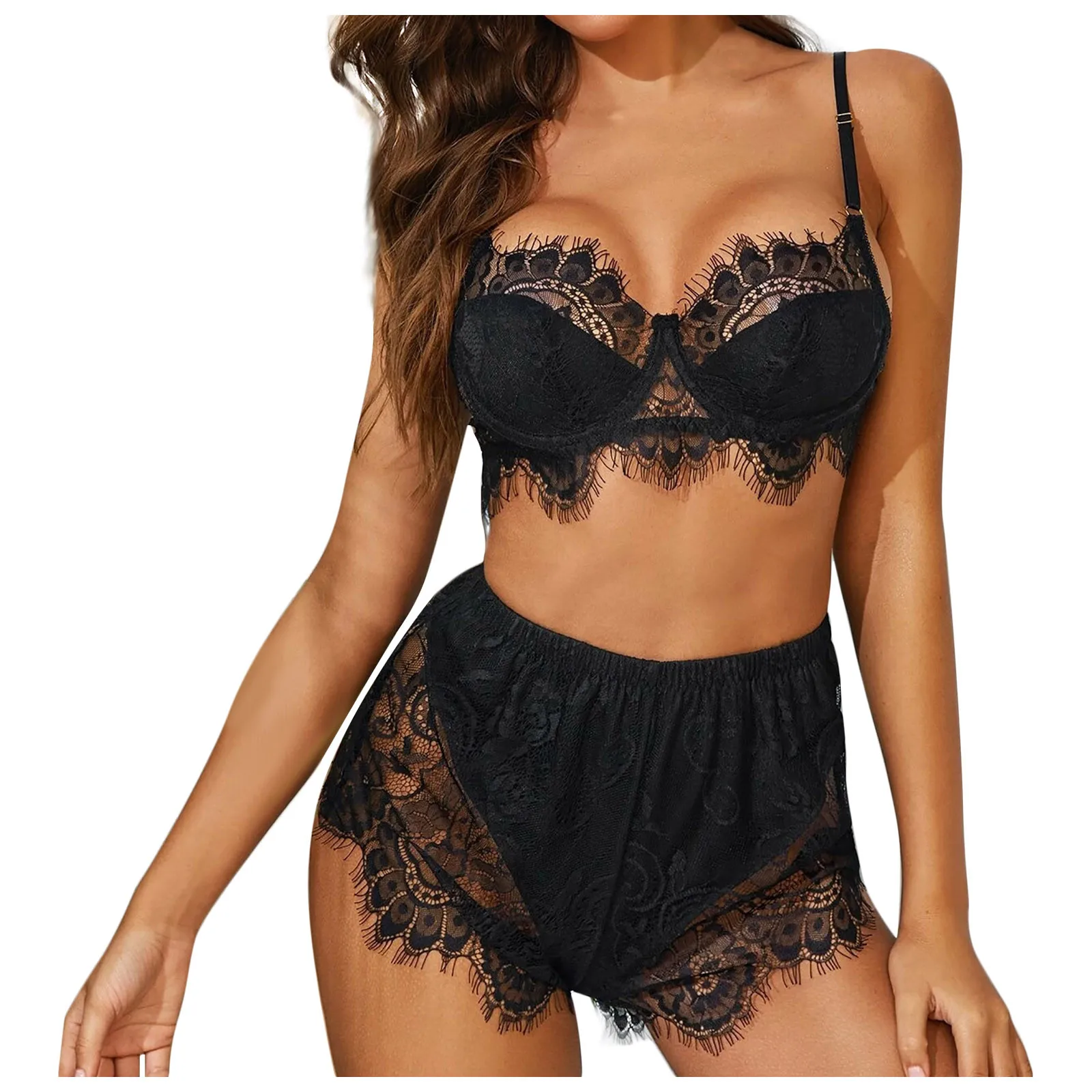 

Lingerie Femme Women Lingerier Sexy Lace Solid Intimates Sleepwear Underwear Bra+briefs
