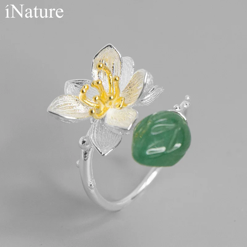 

INATURE 925 Sterling Silver Natural Aventurine Lotus Flower Rings for Women Adjustable Ring