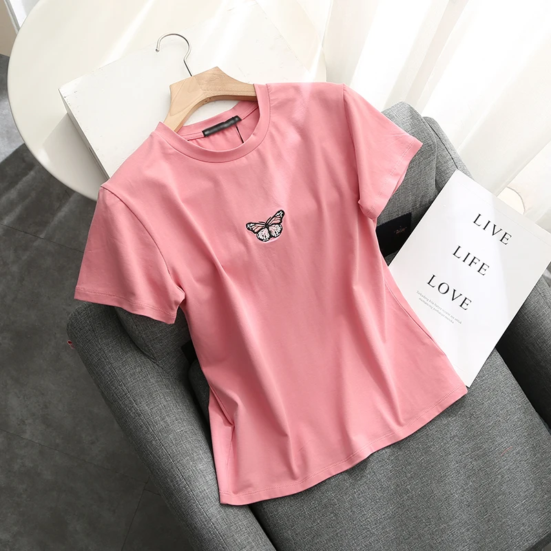 Блузка Женская приталенная из мягкого хлопка с вышивкой в виде бабочки|Рубашки| |