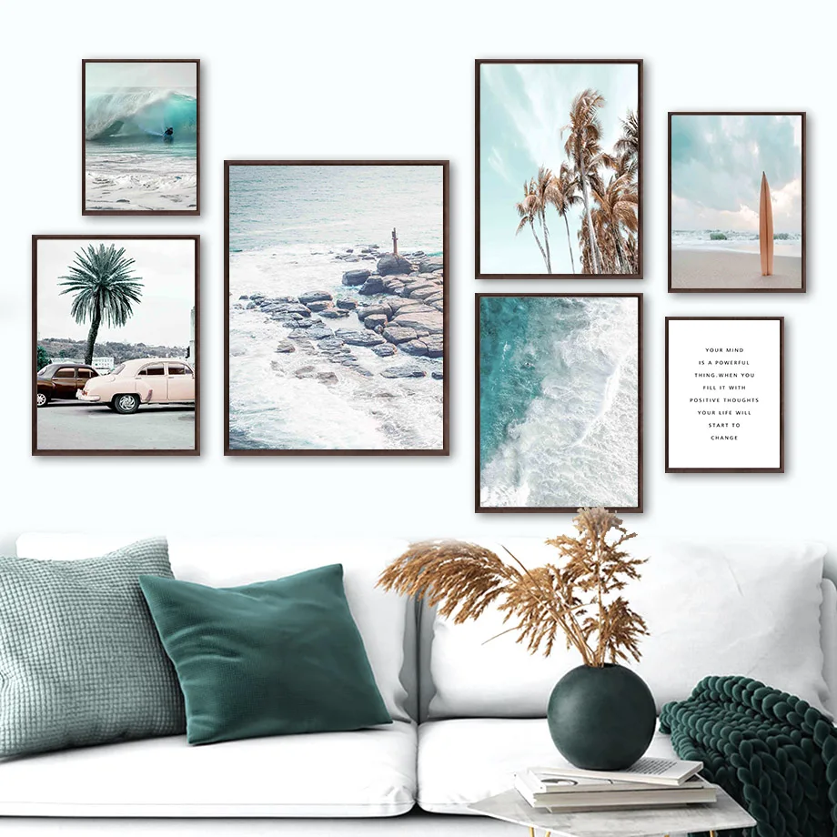 

Sea Sand Waves Surfboard Coconut Trees Wall Art Canvas Painting Nordic Posters And Prints Wall Pictures For Living Room Decor