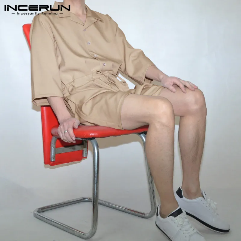 

INCERUN 2020 Fashion Men Rompers Shortsleeve Jumpsuit Solid Button Street Leisure Lapel Playsuit Trousers Men Overalls S-5XL 7