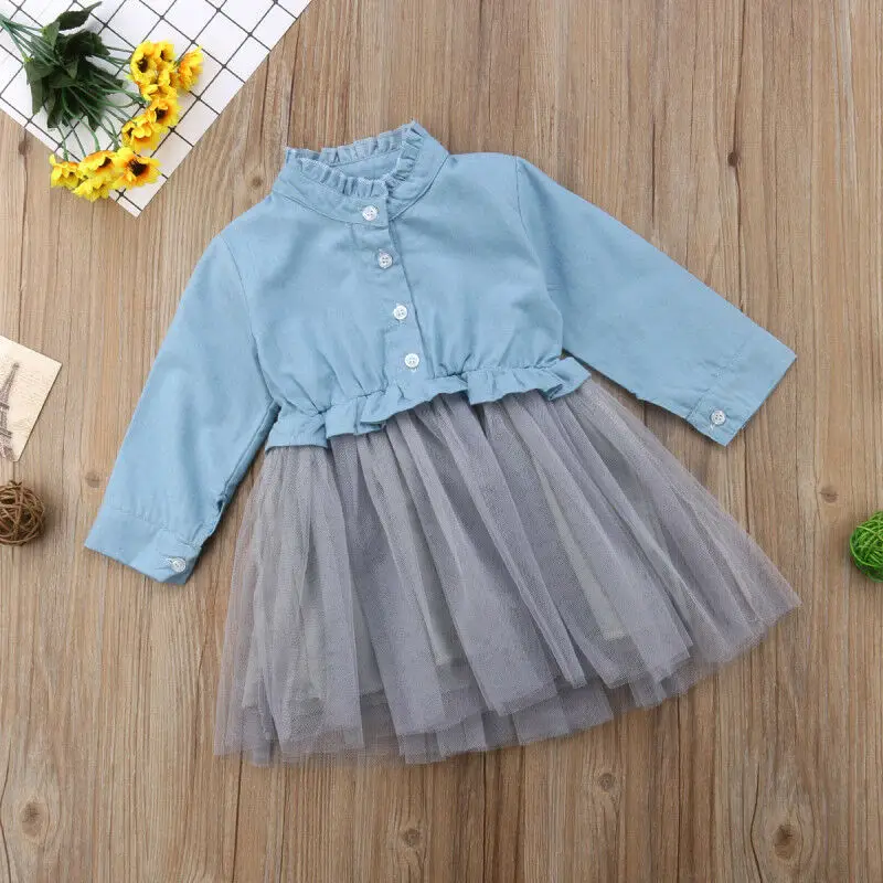 Cute Kid Baby Girl Casual Solid Long Sleeve Denim Tutu Tulle Princess Party Autumn A line Dress 1-6Y | Детская одежда и обувь