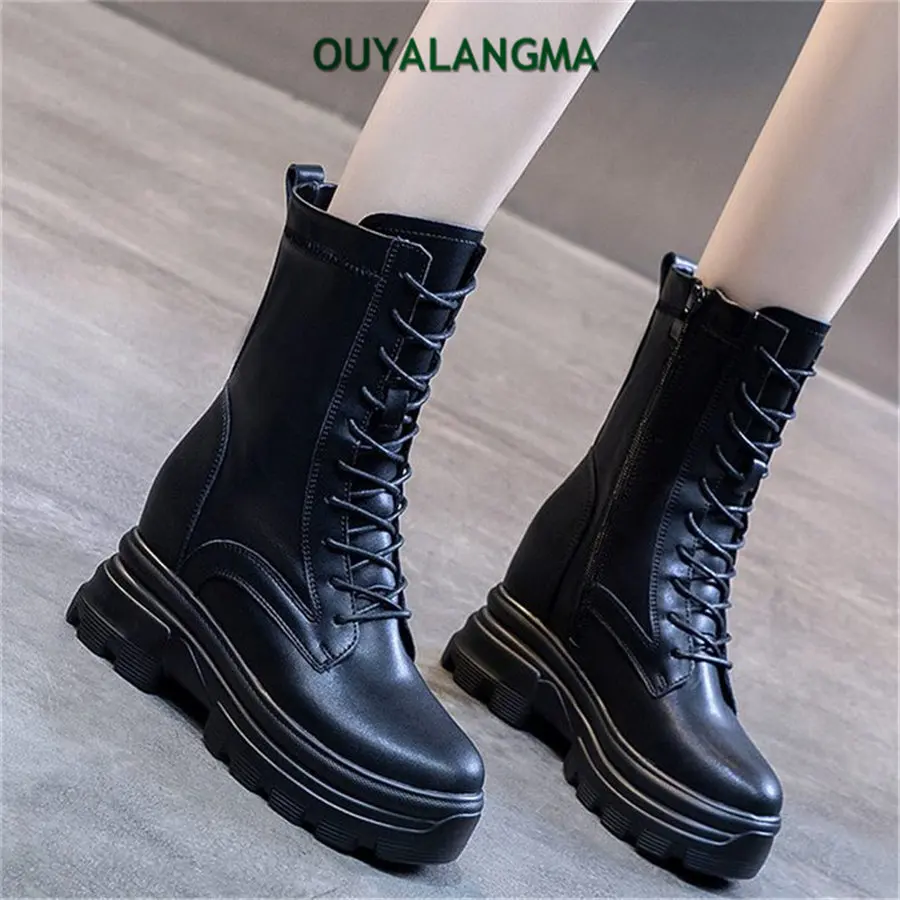 Punk Goth Military Riding Boots Women's Cow Leather Round Toe Platform Wedge Ankle Boots Chunky Heel Oxfords 34 35 36 37 38 39