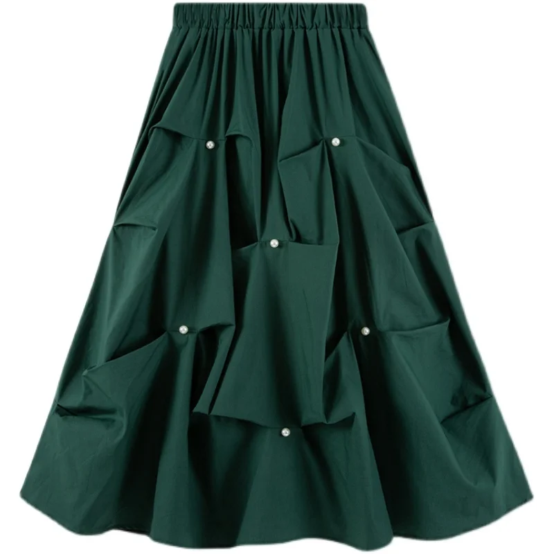 

Korejepo Women Skirt 2021 Summer Fashion Sweet Elegant Solid Beaded Folds A-line Half-length Skirt Female Faldas Largas Mujer
