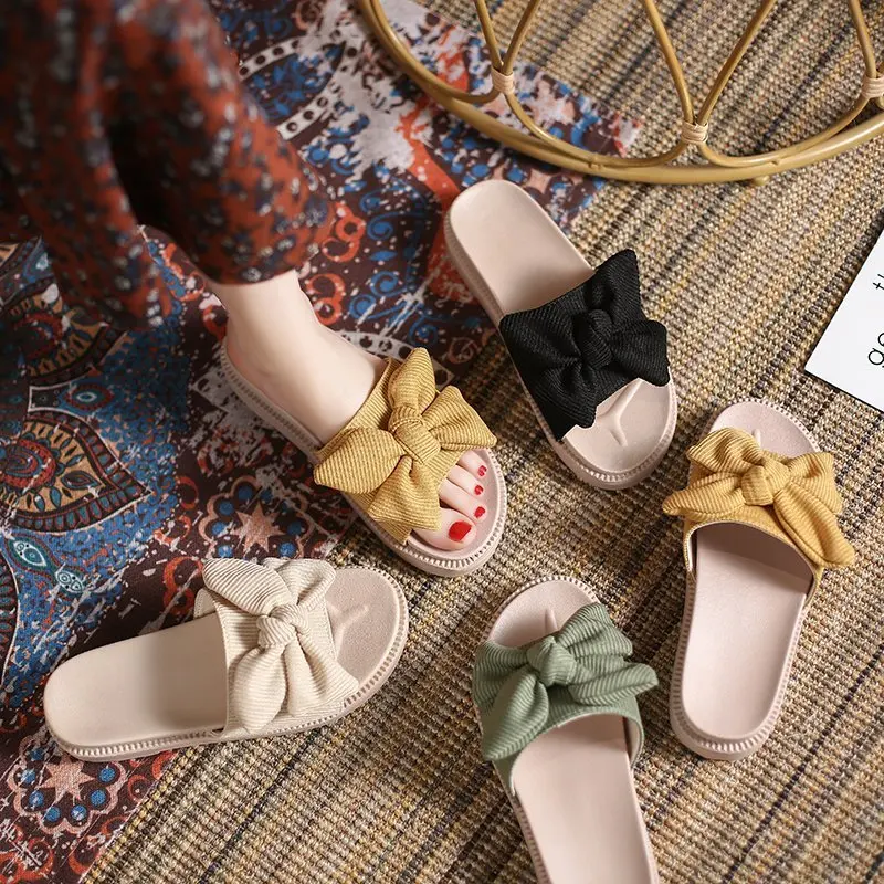 

Rubber Slippers Butterfly-Knot Women Luxury Shoes Slides Pantofle Med Platform Soft Designer 2021 Flat Fashion Butterfly-knot