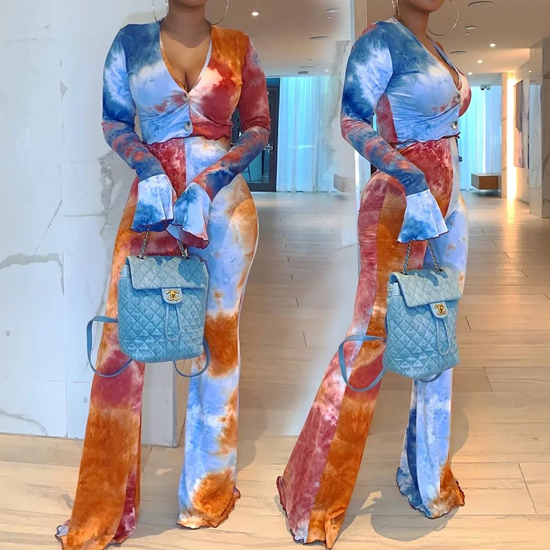 

Party Suit Printing Button Elastic Waist Casual 2 Piece Set Women Fashion New V Neck Office Lady Long Sleeve Wholesale Clothing