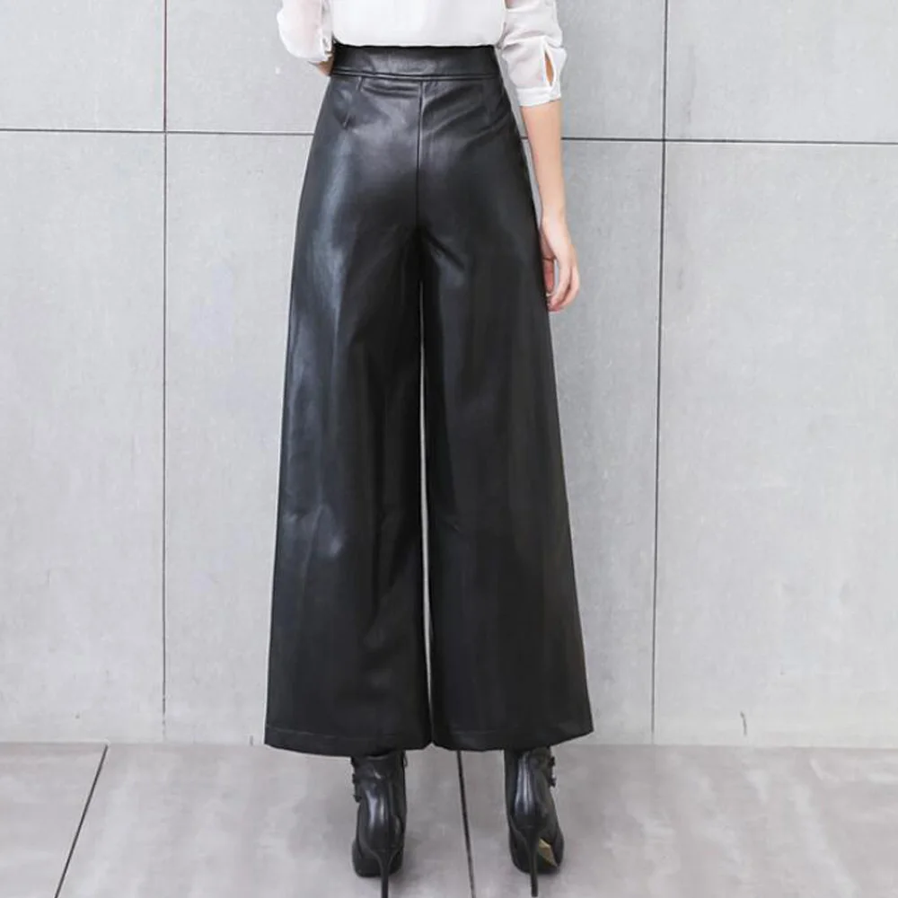 Women' s PU Leather Trousers 2022 Autumn Fashion OL Wide Leg Pants Casual Solid Bottoms Femme Pantalon | Женская одежда