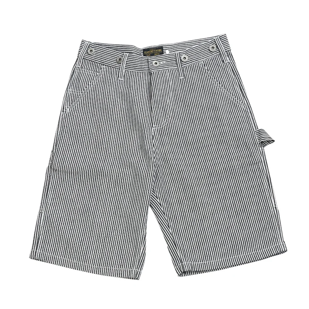 

Vertical Stripes Suspender Cargo Shorts Mens Summer Pinstripe Denim Shorts Casual Loose Half Pants Men