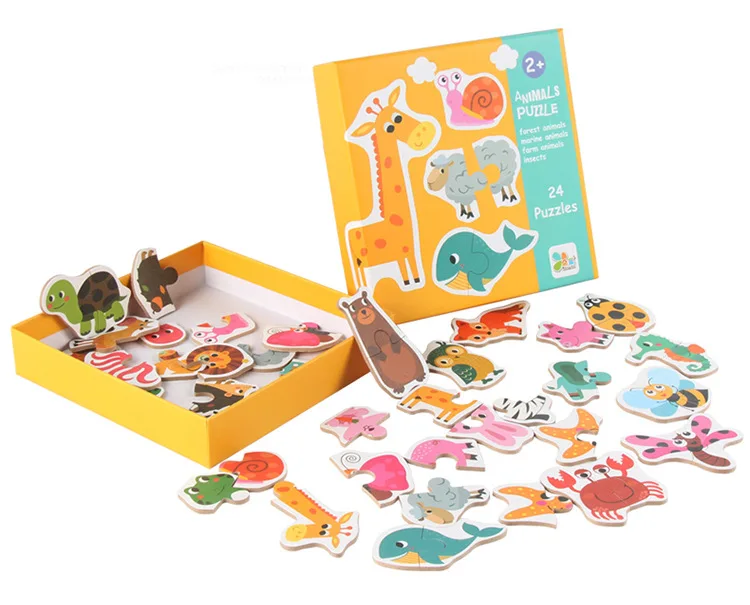 

Big Size Flake Baby Wooden Puzzle Early Education Animal Fruit Cognition Pair Card Puzzle Set With Metal Box For Infant Gift Toy