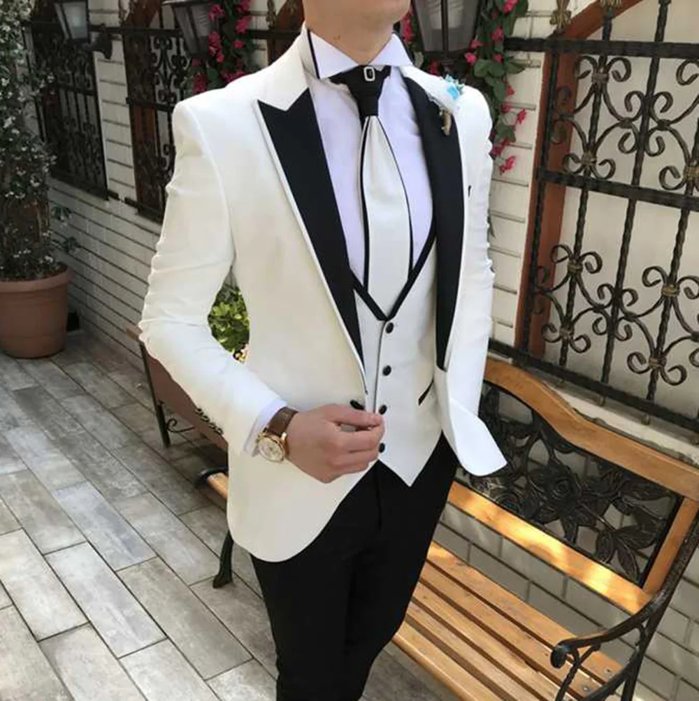 White Men's Suits Casual Suits Slim Fit 3 Piece Notch Lapel Prom Tuxedos Grooms Wedding Party(Blazer+Vest+Pants)