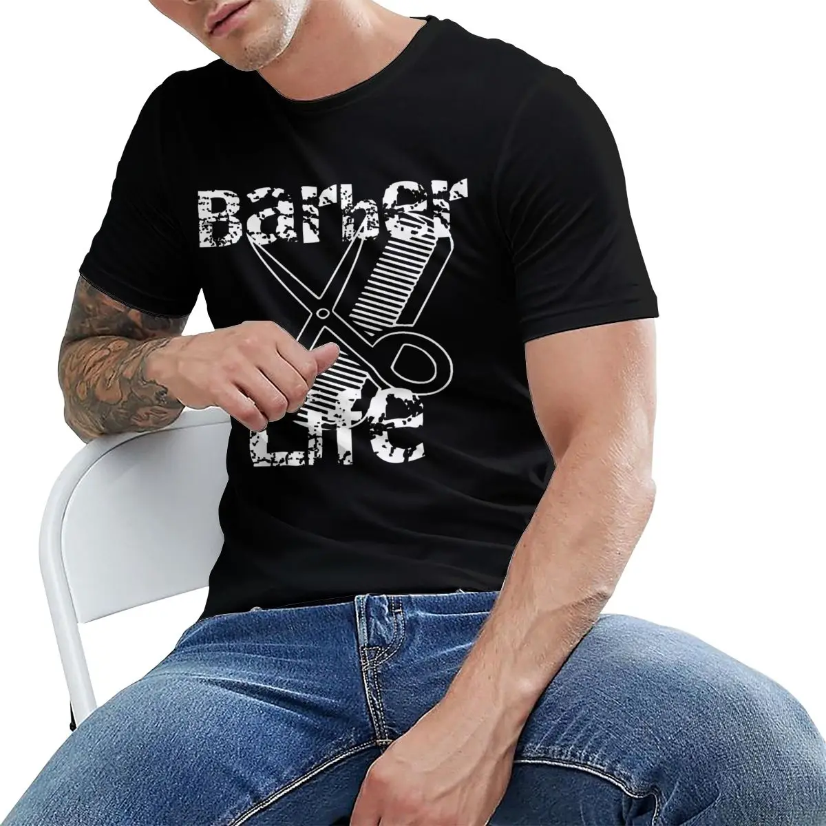 Футболка мужская с круглым вырезом хлопок Ножницы-Бритва Парикмахерская