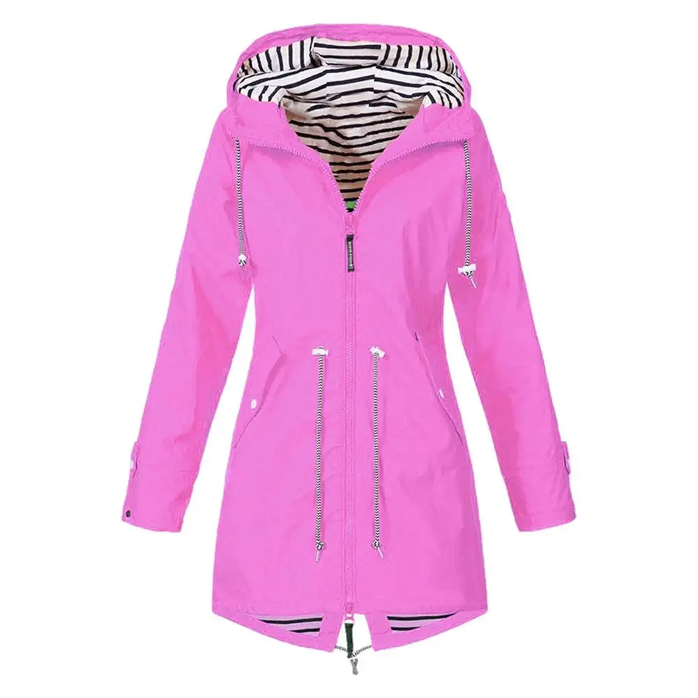 

lady mid-length Hooded Jacket outdoor windbreaker slim windproof rainproof coat zipper pocket Drawstring Rain Jacket warm coat