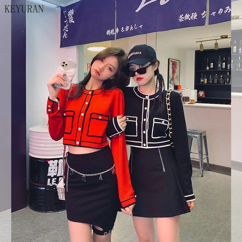 Runway Sweater Cardigan Women 2021 Spring Round neck Single Breasted Pink/Red Knitted Jacket Ladies Elegant Knitting Outwear Top |