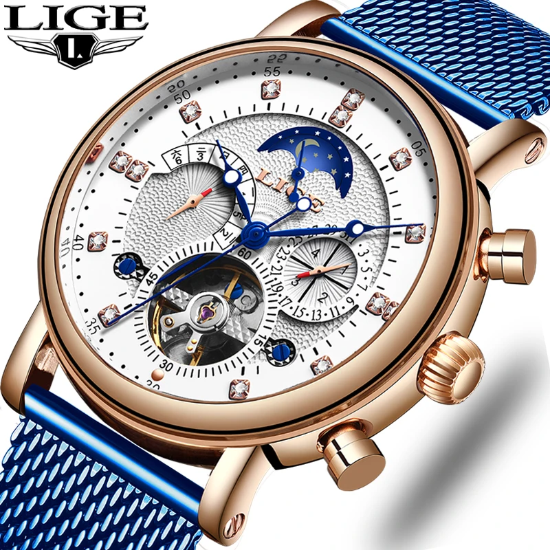 LIGE мужские часы Tourbillon модные спортивные автоматические для мужчин с Лунной фазой