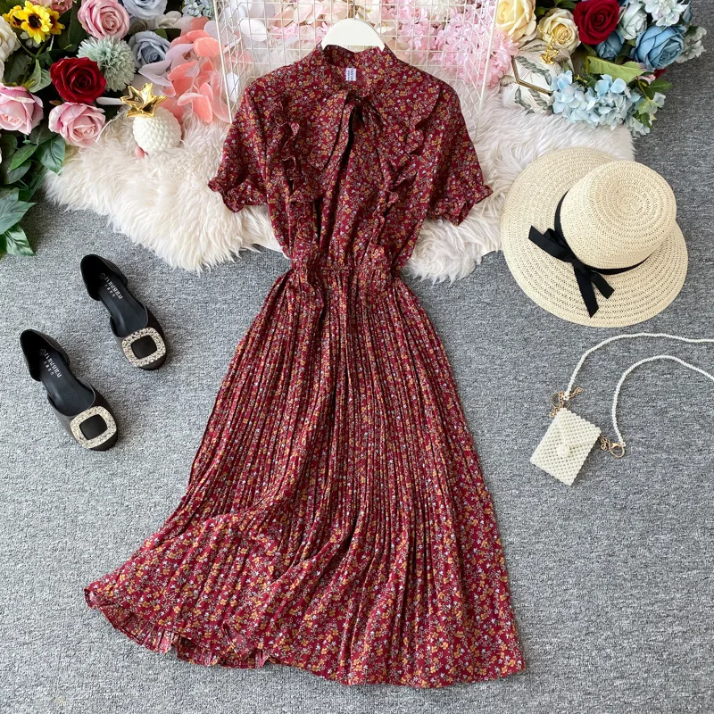 

2021 New Spring Summer Women's Fashion Dress High Waist Print Bow Vintage Floral Casual Puff Sleeve Female Dress