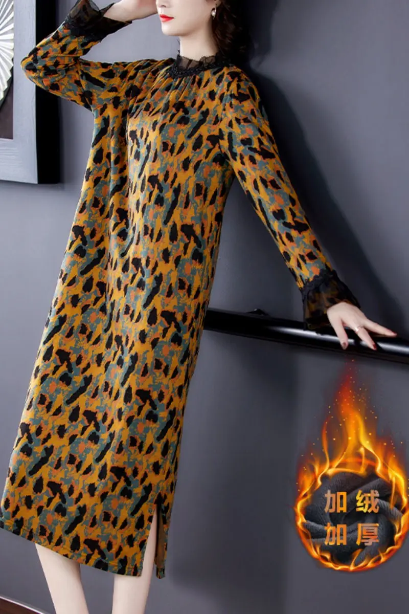 

Printed Dress Women's Long Sleeve Autumn And Winter 2020 New Temperament Plus Size 5XL Loose Fashion Ruffle Collar Vestidos y746