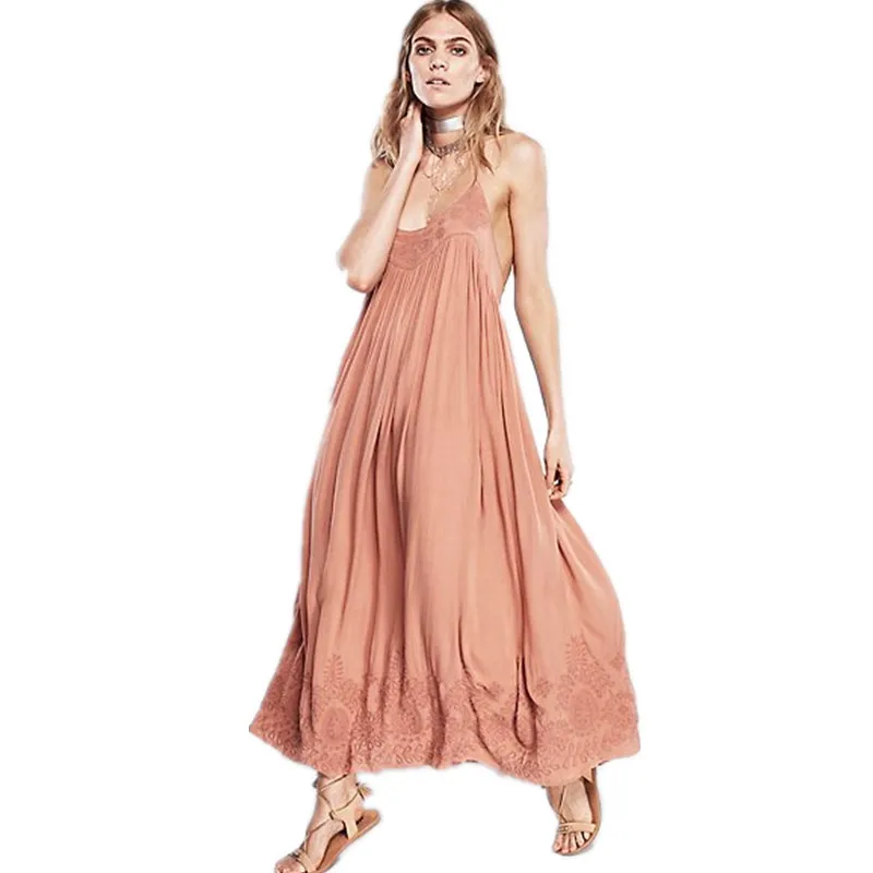 

New 2021 UK Brand New Vestidos Women Summer V neck Embroidery Casual Slip Maxi Long Dress Hippie Boho People female dress