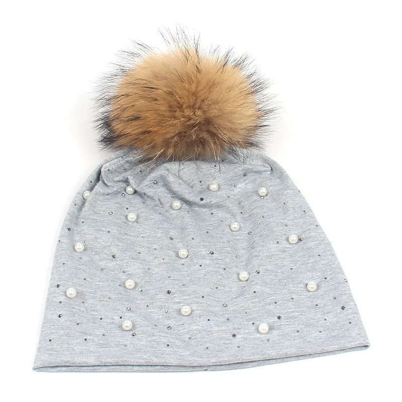 

Women's Pearls Beanie Hat Autumn Raccoon Fur Pompom Slouchy Beanies Co for Femme Winter Skullies&Beanies with Real Pompom Ball