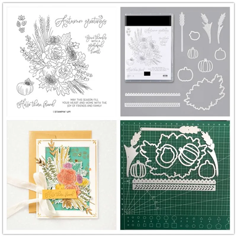 

AUTUMN GREETINGS Metal Cutting Dies and Stamps Stencils For DIY Scrapbooking Photo Album Decor Die Cut Embossing Paper Card Make