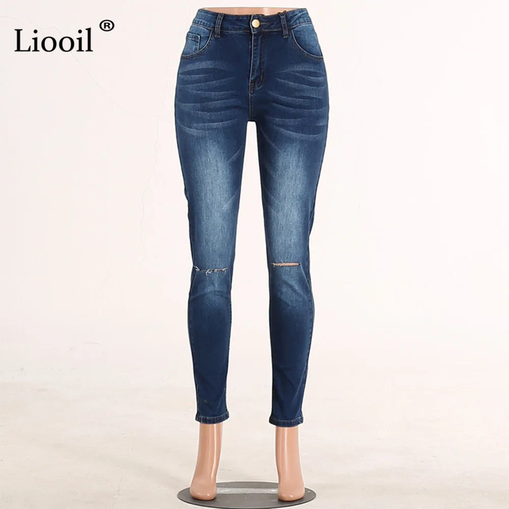 

Liooil Plus Size Skinny Ripped Jeans For Women With Pockets 2021 Streetwear Blue Bodycon Jean Trousers Sexy Denim Pencil Pants