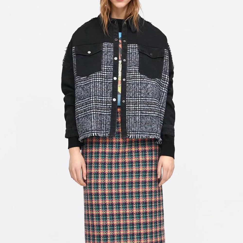 Женское клетчатое пальто ZA асимметричное Свободное контрастных цветов с