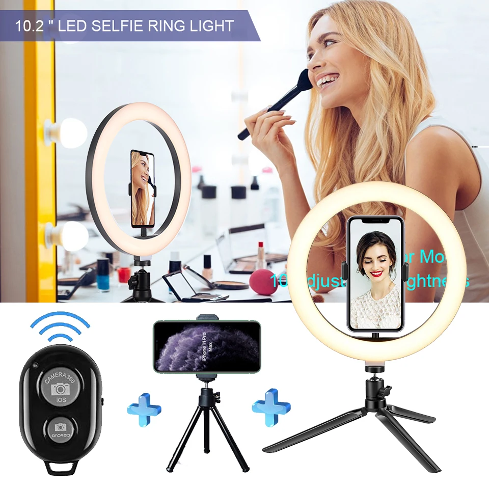 

LED Fill Ring Light Tripod Stand Phone Holder Selfie Makeup Live Vlog Streaming YouTube Dimmable Ringlight Photography Lamp