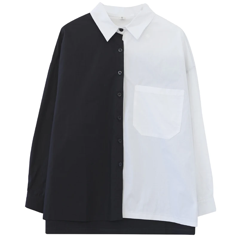 

IEQJ Black And White Contrast Patchwork Shirt Women Pleated Lantern Sleeve Breasted Lapel Side Split Casual 2021 Spring 3GD99
