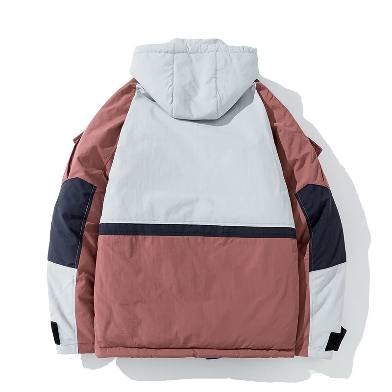 New Men's Cotton-padded Jacket Korean Version of Color-blocking Winter Thick Warmth Hooded Young Couple Tooling Men's Clothing