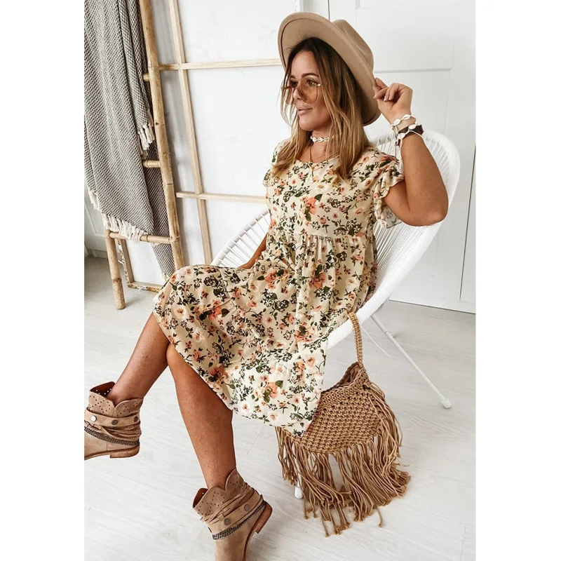 

Цветочный принт женское летнее Повседневное платье с короткими рукавами и О-образным вырезом, платье трапециевидной формы с оборками элега...