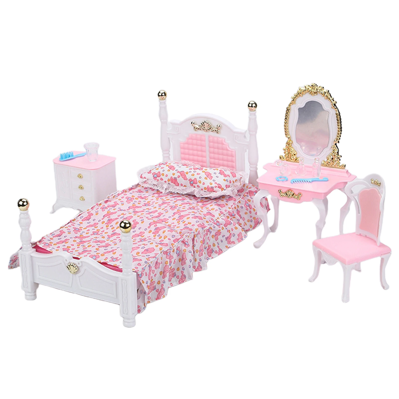 

11.5'' Doll Furniture Bed with Sheet Chair Dressing Table Bedside Cabinet Toy